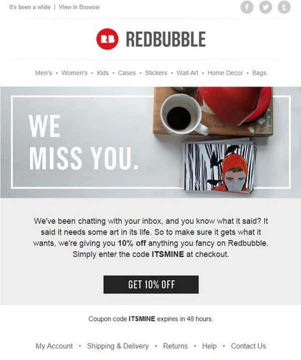 re-engagement email from Redbubble