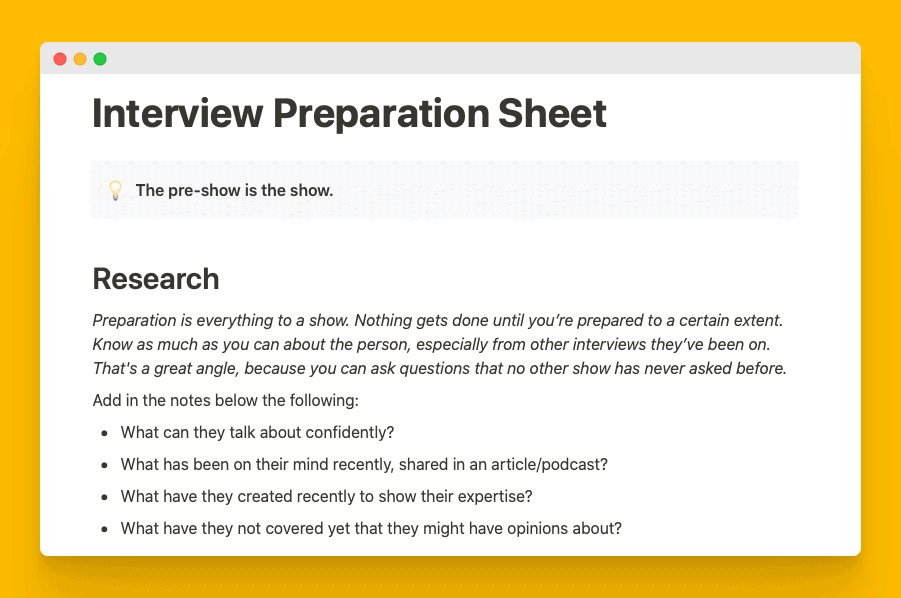 podcast tips interview preparation sheet