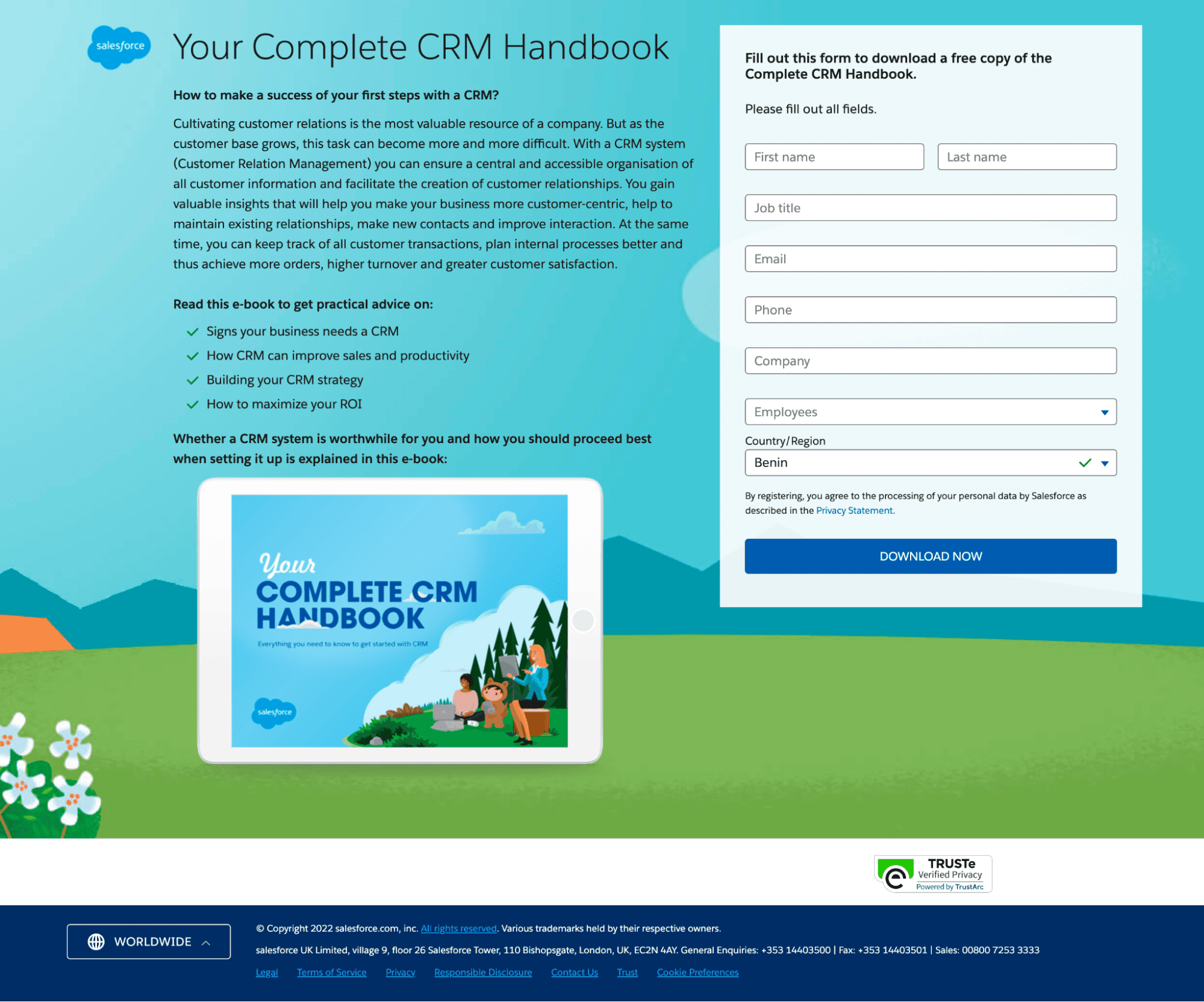 ebook landing page example by Salesforce's CRM Handbook