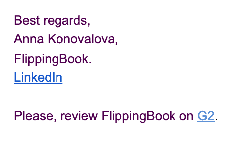 email signature from Anna Konovalova of FlippingBook