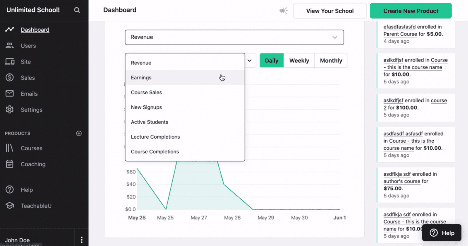 Teachable dashboard