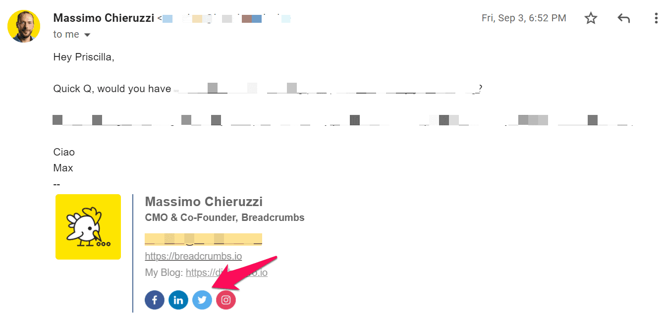 email from Massimo Chieruzzi included social media handles