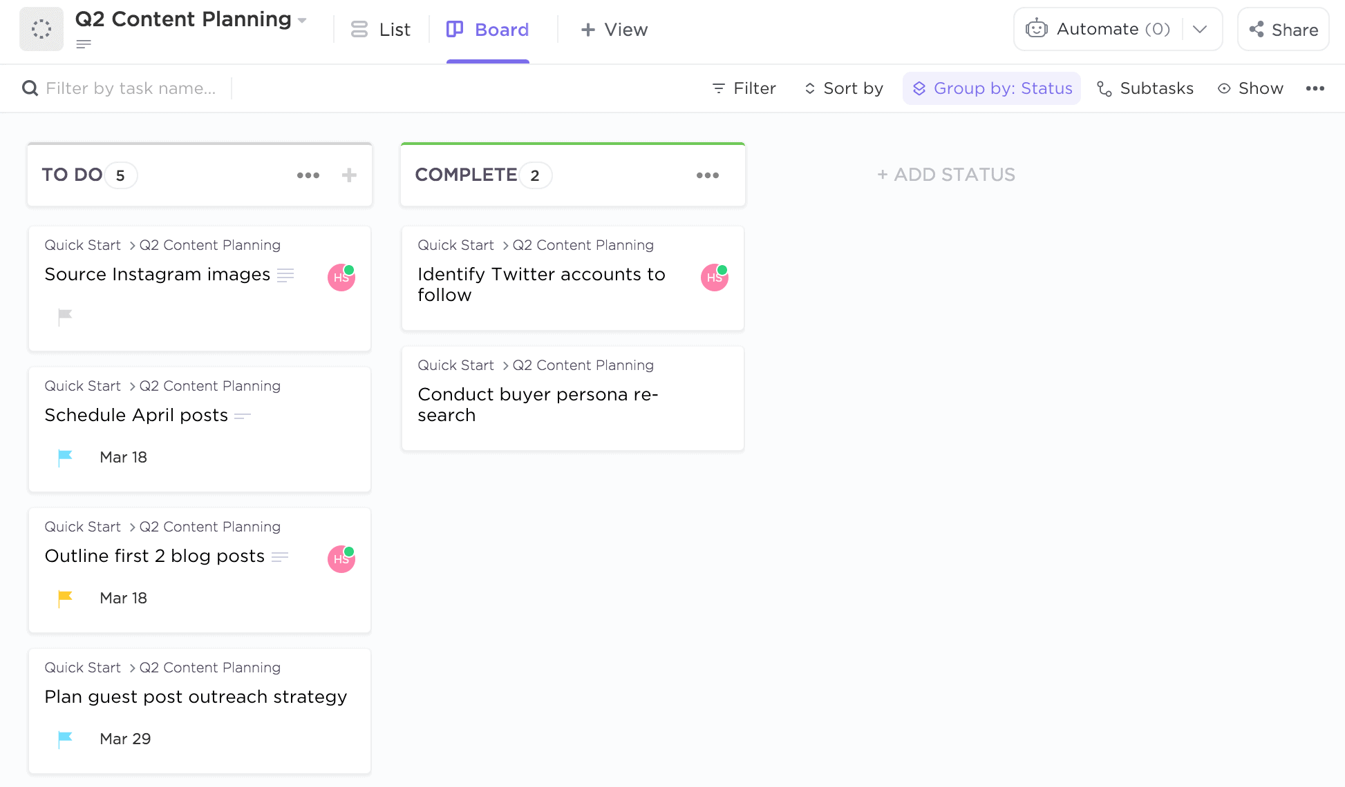 ClickUp kanban board