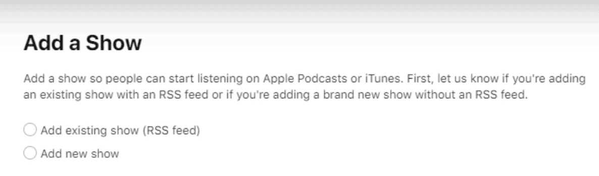Apple Podcasts Connect - add a show