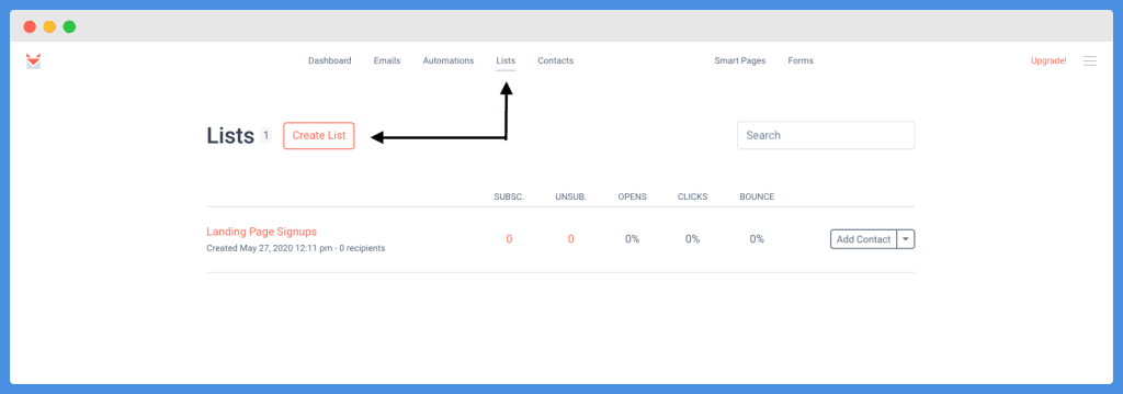 SendFox - Lists page and click Create List