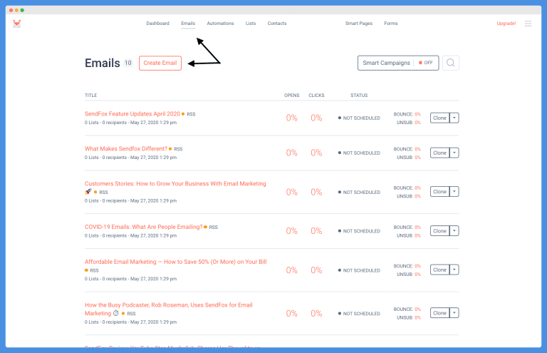 SendFox Tutorial - Email Campaigns page