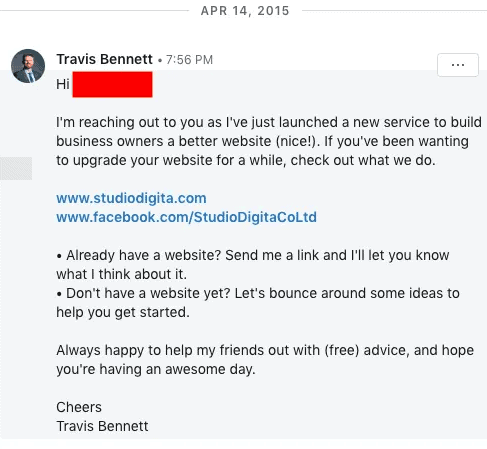 LinkedIn message from Travis Bennett, Founder of Studio Digita