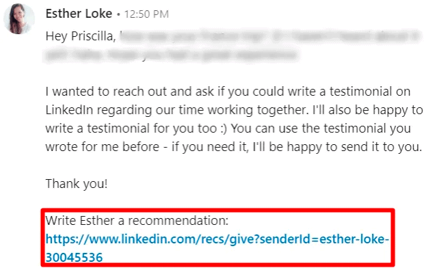LinkedIn recommendation message from Esther Loke