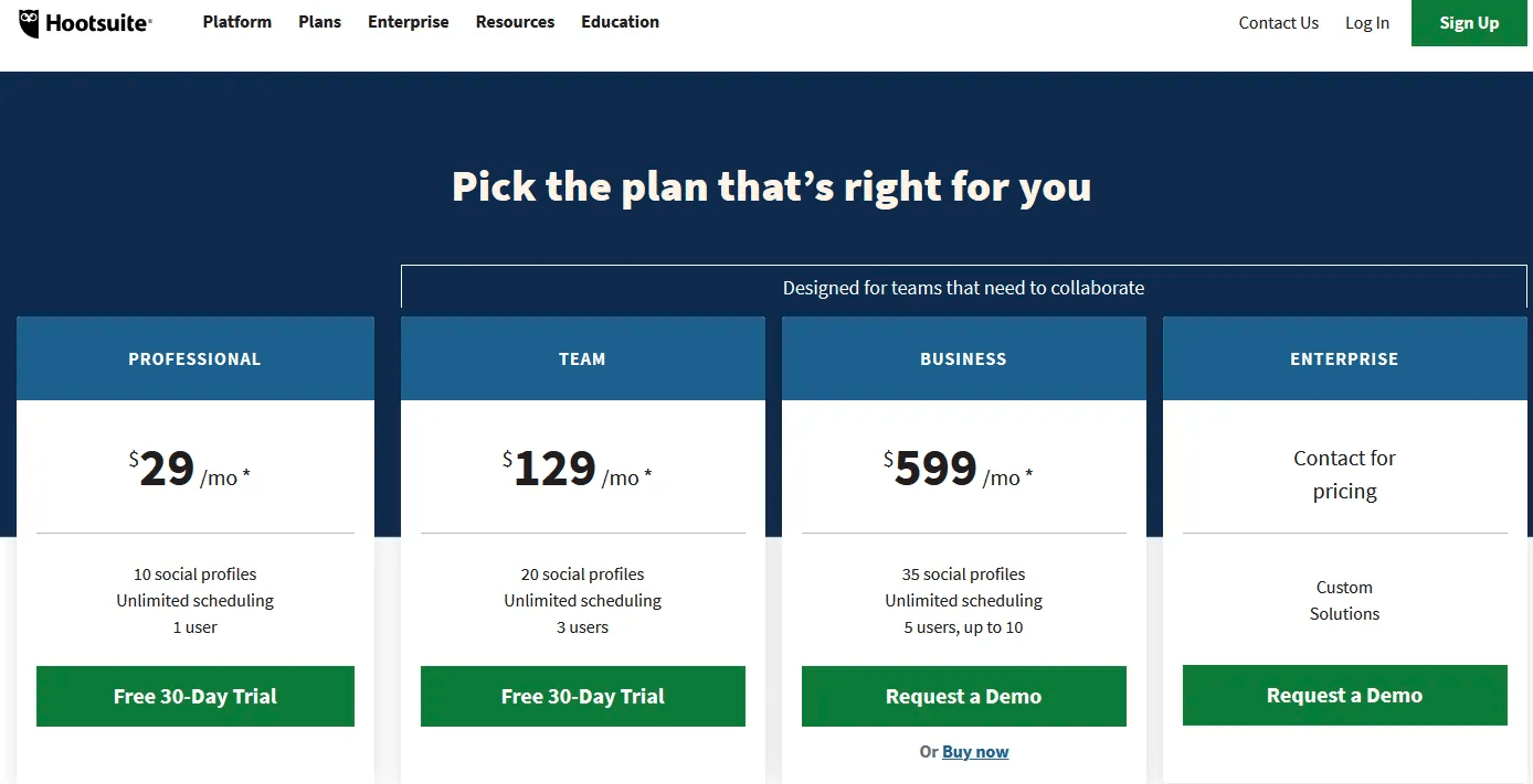 How To Build An Email List: Screenshot of Hootsuite pricing page