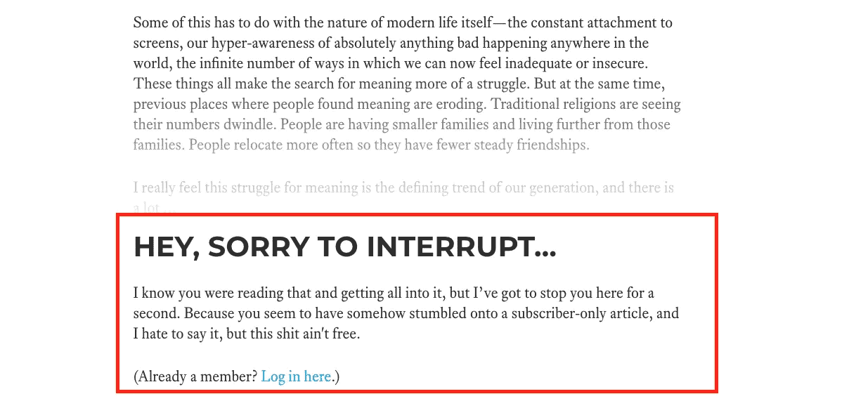 How To Build An Email List: Screenshot of pitch to be a subscriber on subscriber-only post on Mark Manson