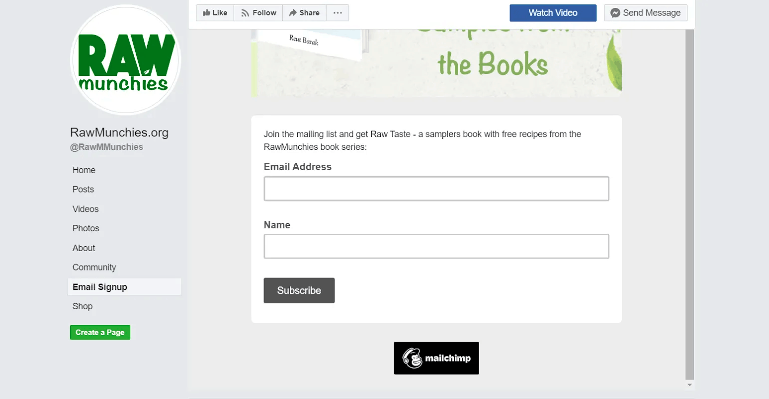 How To Build An Email List: Screenshot of RawMunchies.org email sign-up tab on Facebook page