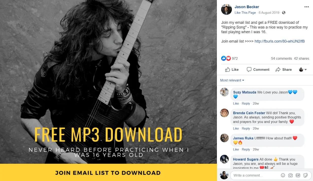 How To Build An Email List: Screenshot of Facebook post from Jason Becker