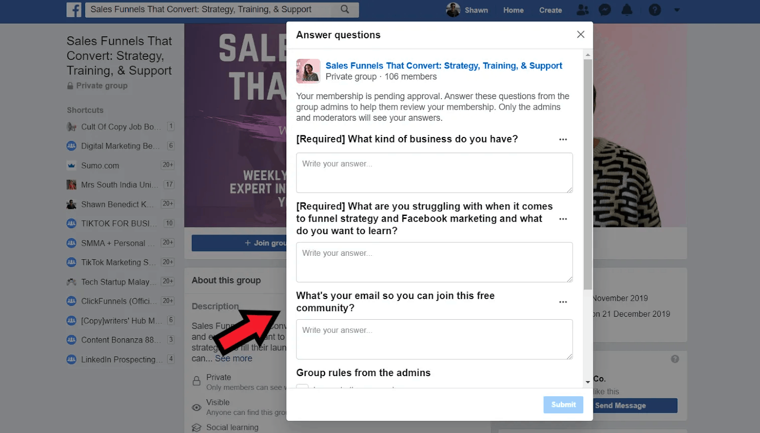 How To Build An Email List: Screenshot of questions to join Facebook group, which includes request for email address