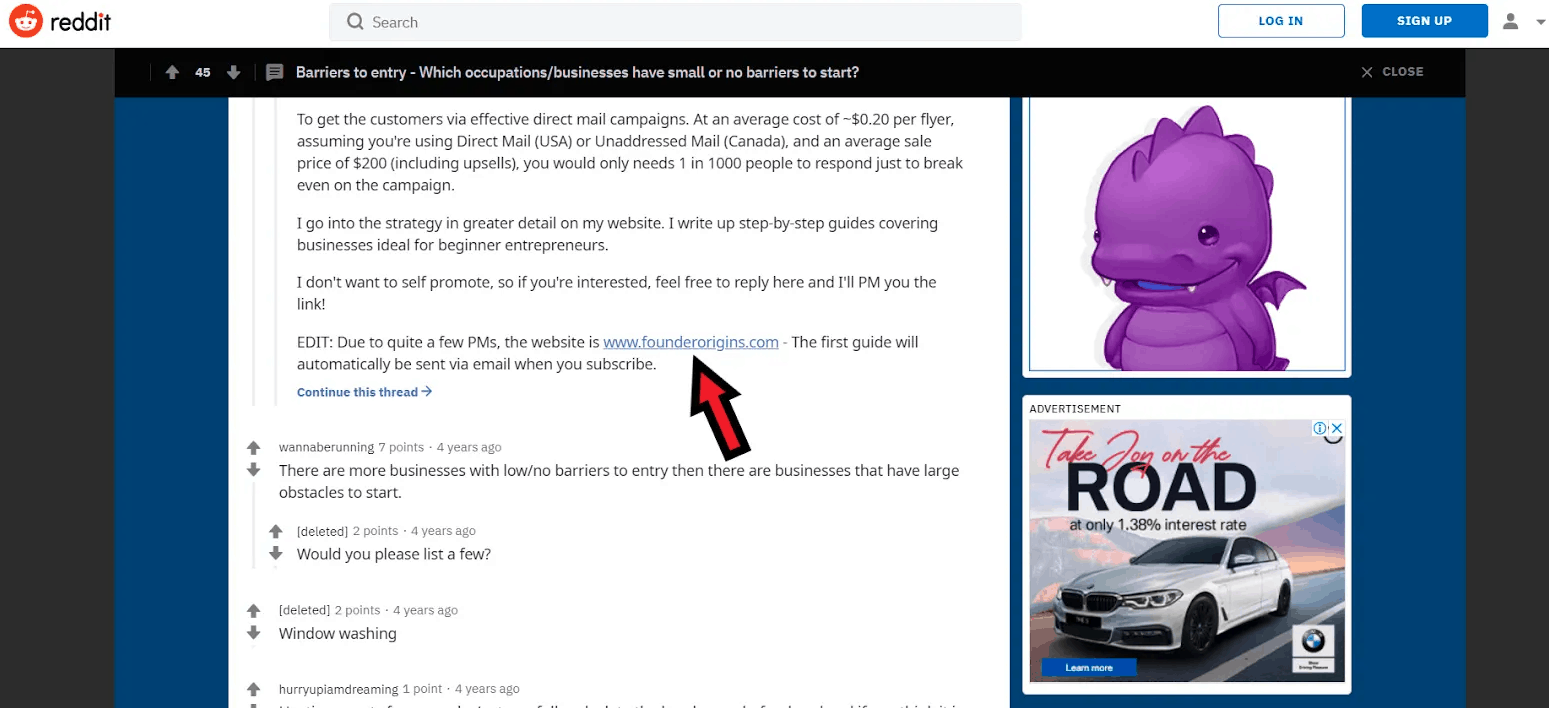 How To Build An Email List: Screenshot of Reddit post