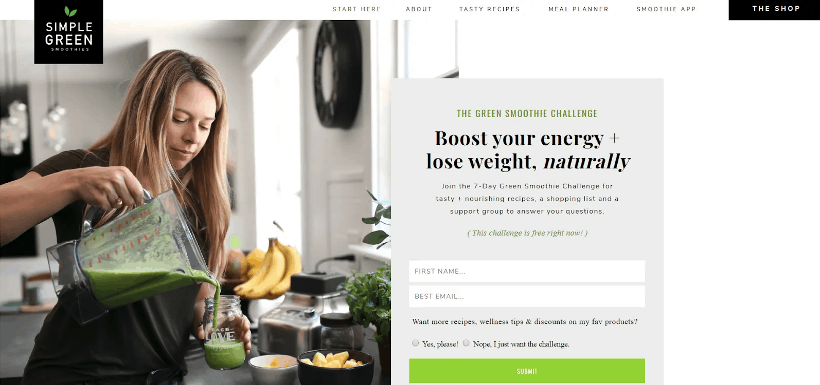 How To Build An Email List: Screenshot of Simple Green Smoothie