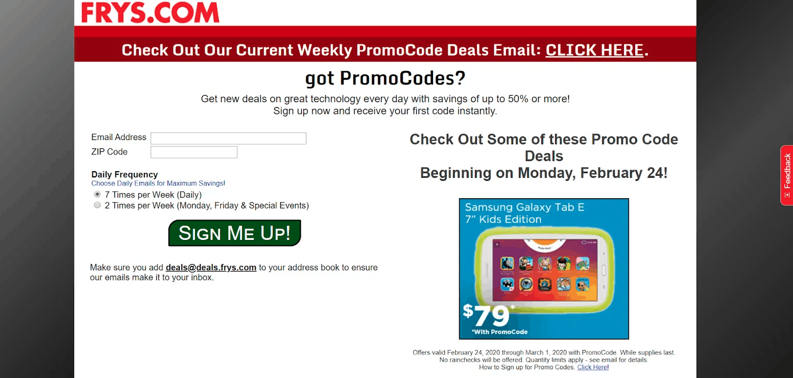 How To Build An Email List: Screenshot of Frys.com landing page to join their newsletter 